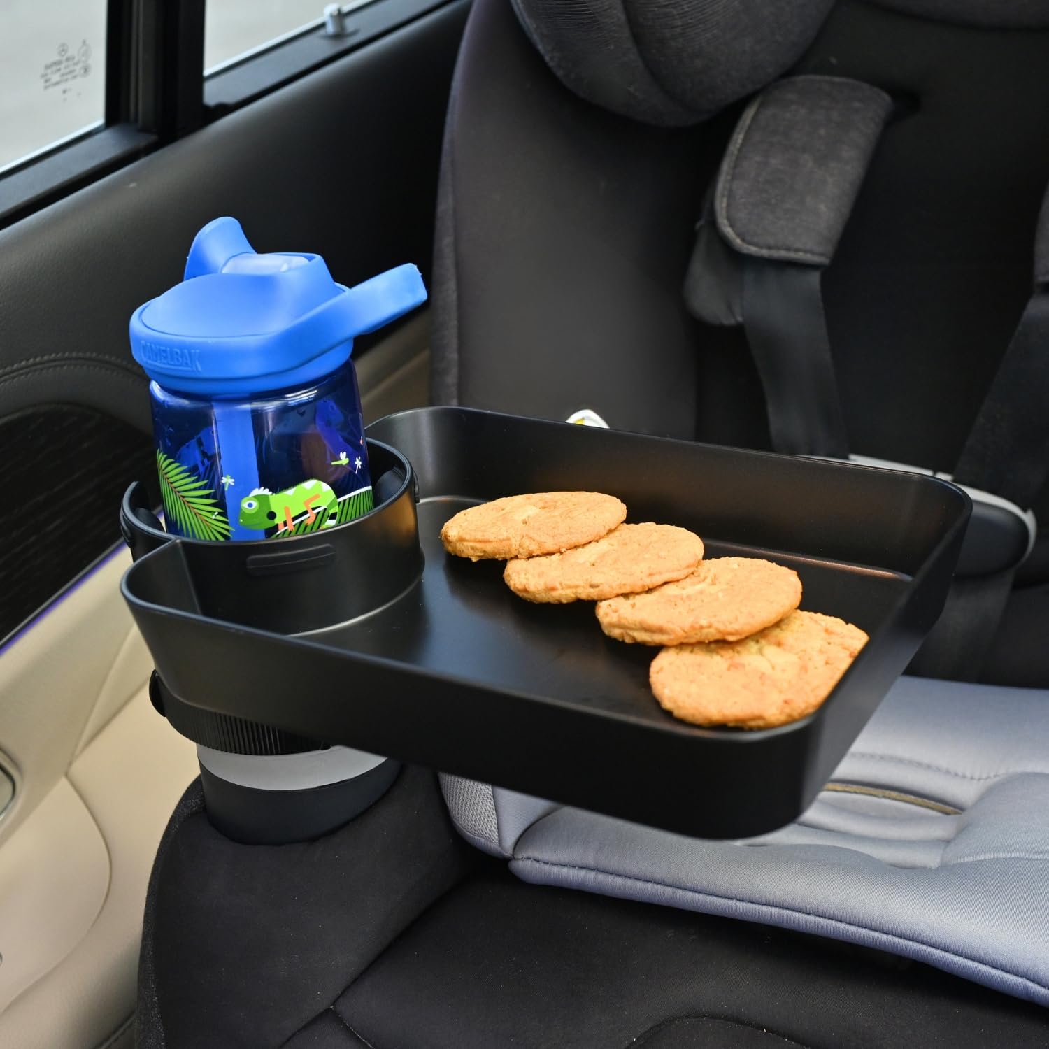 DCG Center car seat tray cup holder keeps drinks steady on bumpy rides.