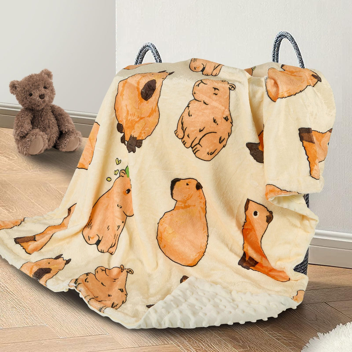 DCOOLGO Capybara baby blanket front view, showcasing soft fleece for gentle newborn cuddling.