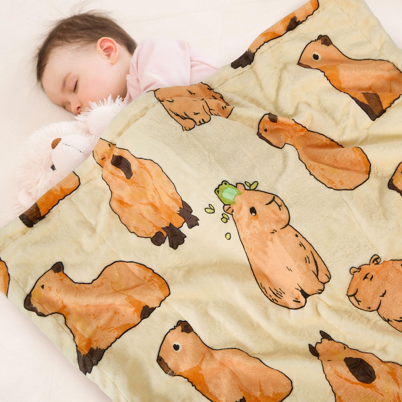 DCOOLGO Capybara nursery scene highlights breathable fleece during naptime.