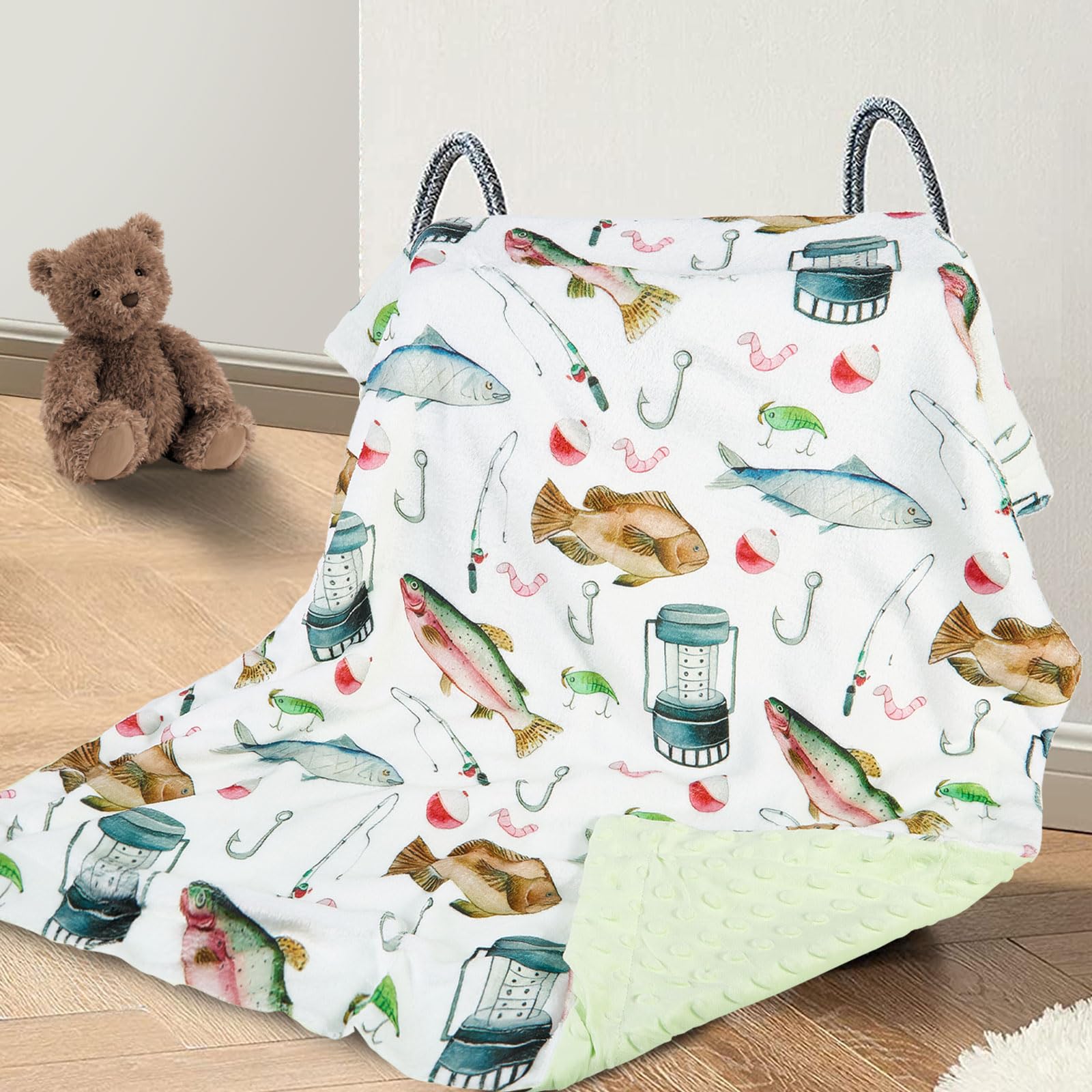 DCOOLGO fish baby blanket folded in nursery shows cozy, versatile comfort.