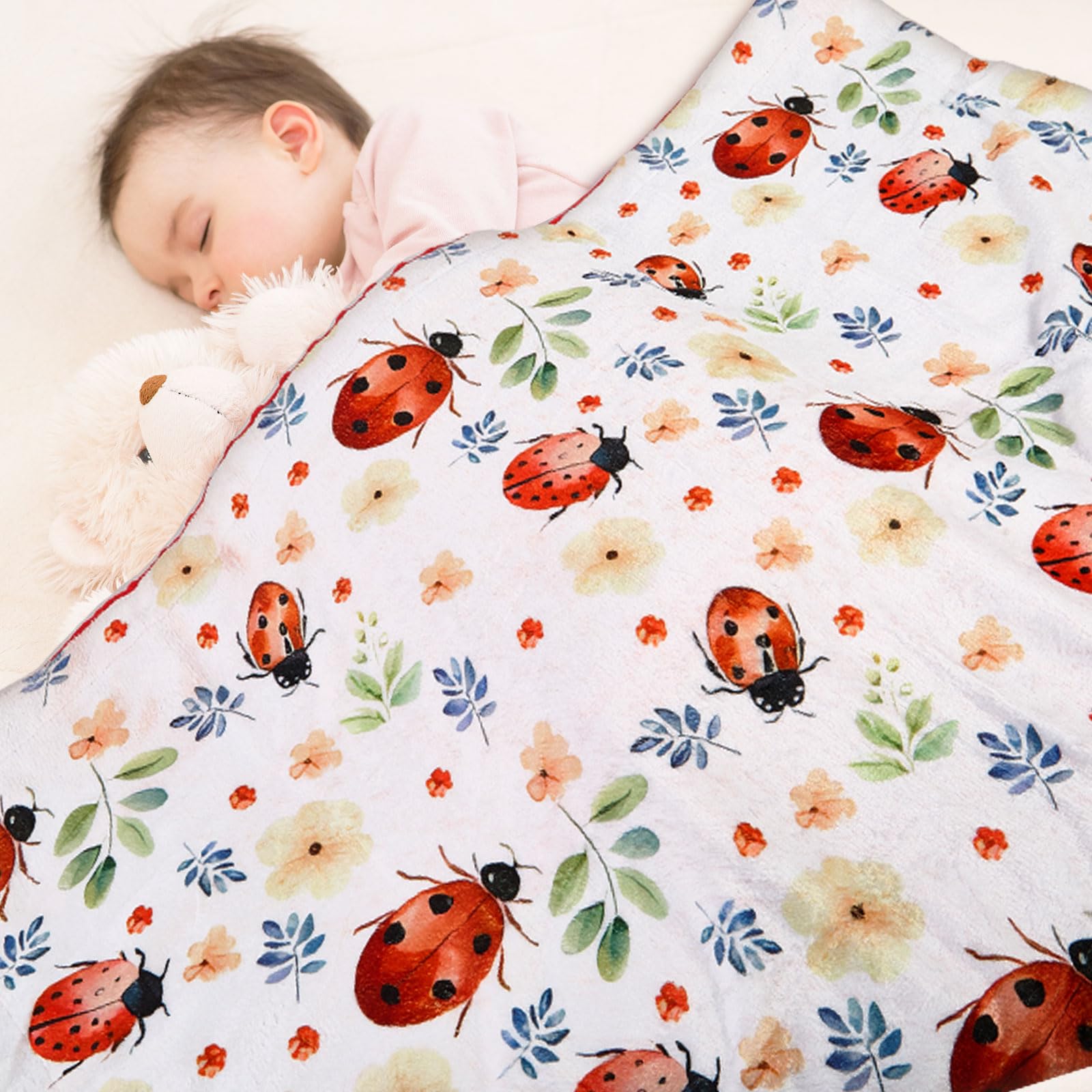 DCOOLGO Ladybug Blanket used as nursing cover for discreet feeding sessions.