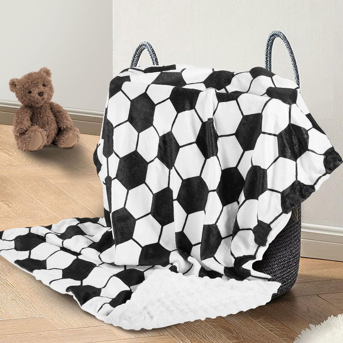 DCOOLGO soccer baby blanket spread shows ultra-soft fleece for cozy naps