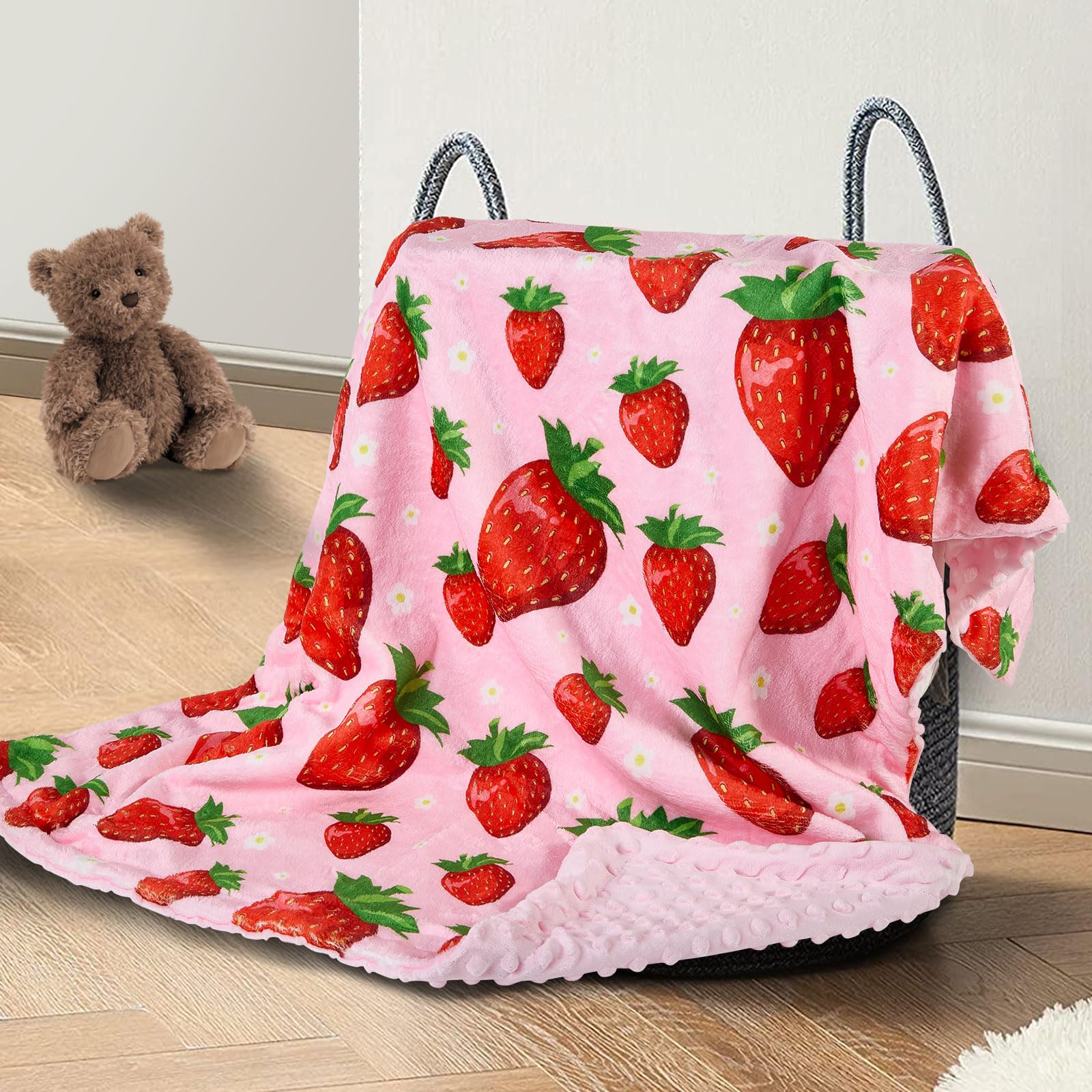 DCOOLGO Strawberry Baby Blanket front view shows plush fleece for skin-friendly softness
