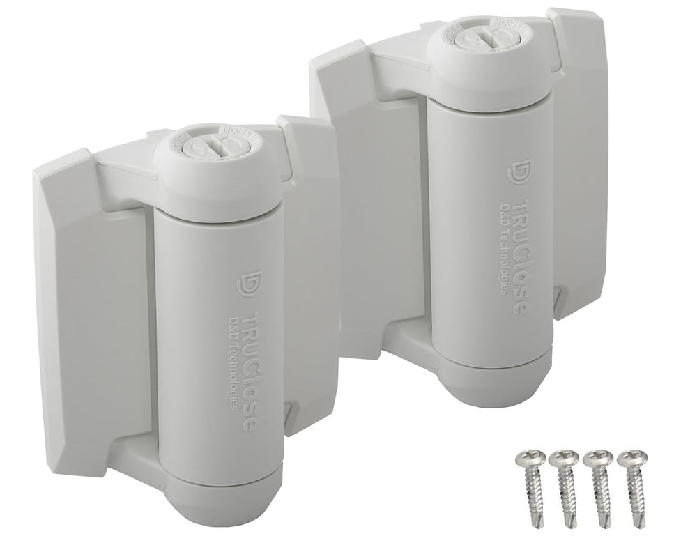 D&amp;D Technologies TruClose white hinge side view showing compact self-closing action for square gates.