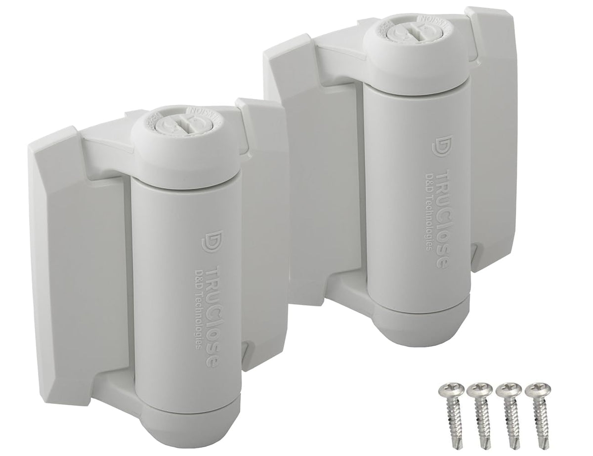 D&amp;D Technologies TruClose white hinge side view showing compact self-closing action for square gates.