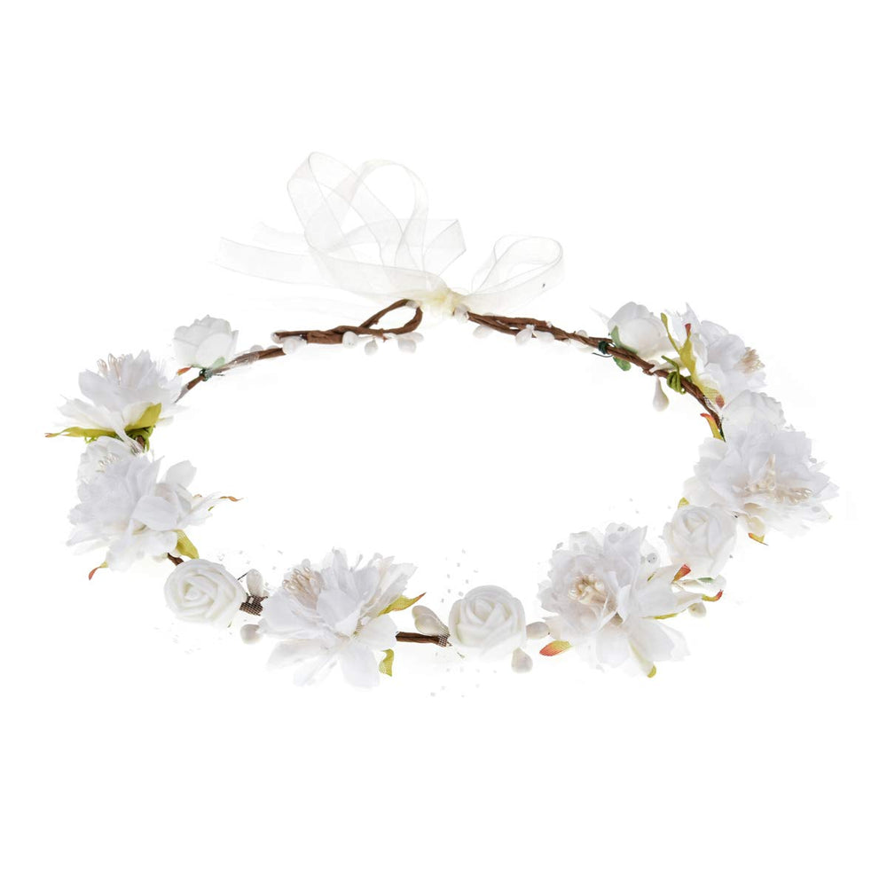 DDazzling girls breath crown white front view with fabric flowers for wedding photos