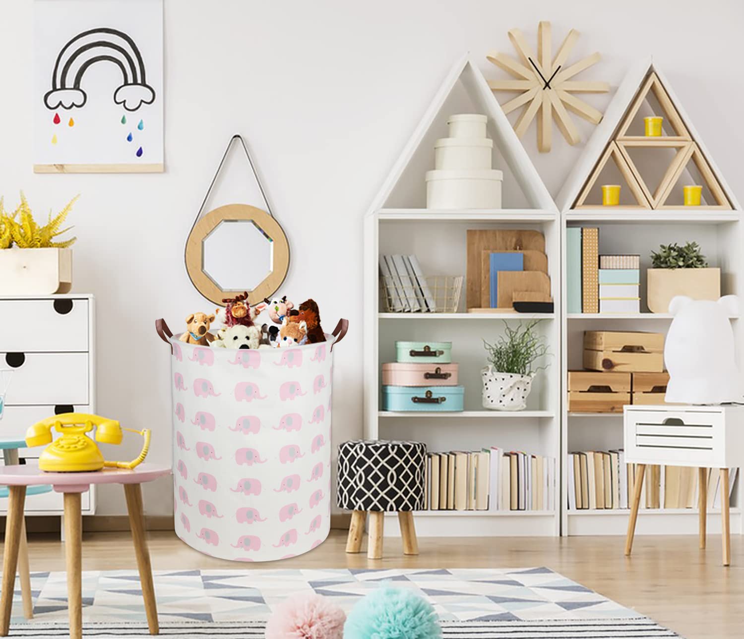DDBASKET collapsible pink elephant hamper shown folded for space-saving storage.