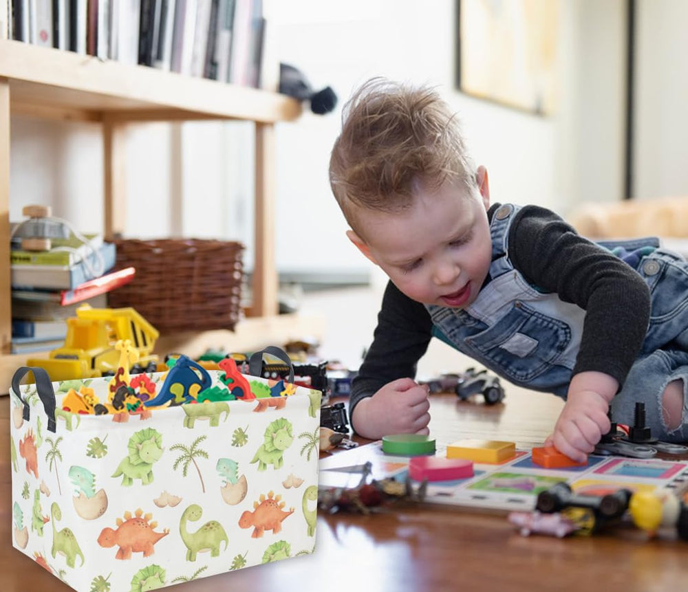 DDBASKET dinosaur basket in nursery setting showing compact storage.