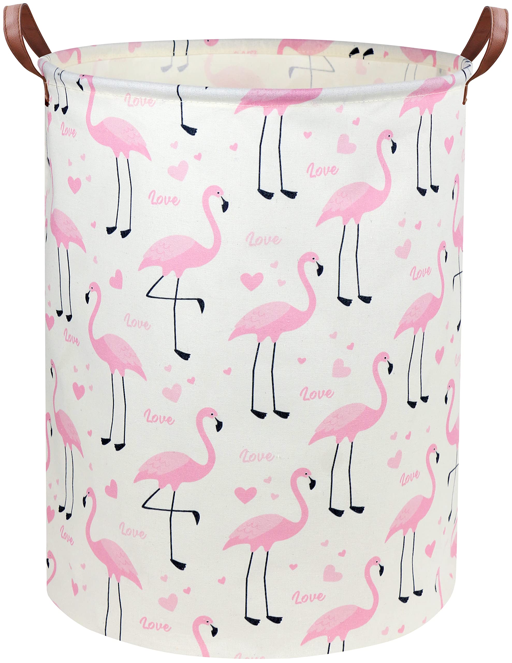 DDBASKET Flamingo Pink Laundry Hamper in a nursery, organizing clothes and toys.