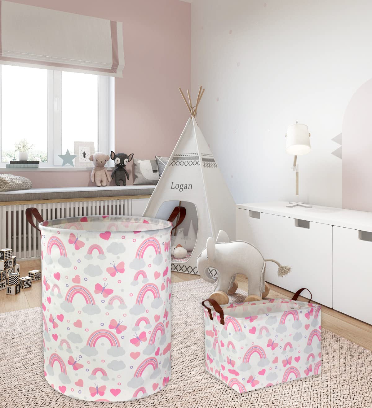 DDBASKET nursery organizer bin keeps toys and linen tidy.