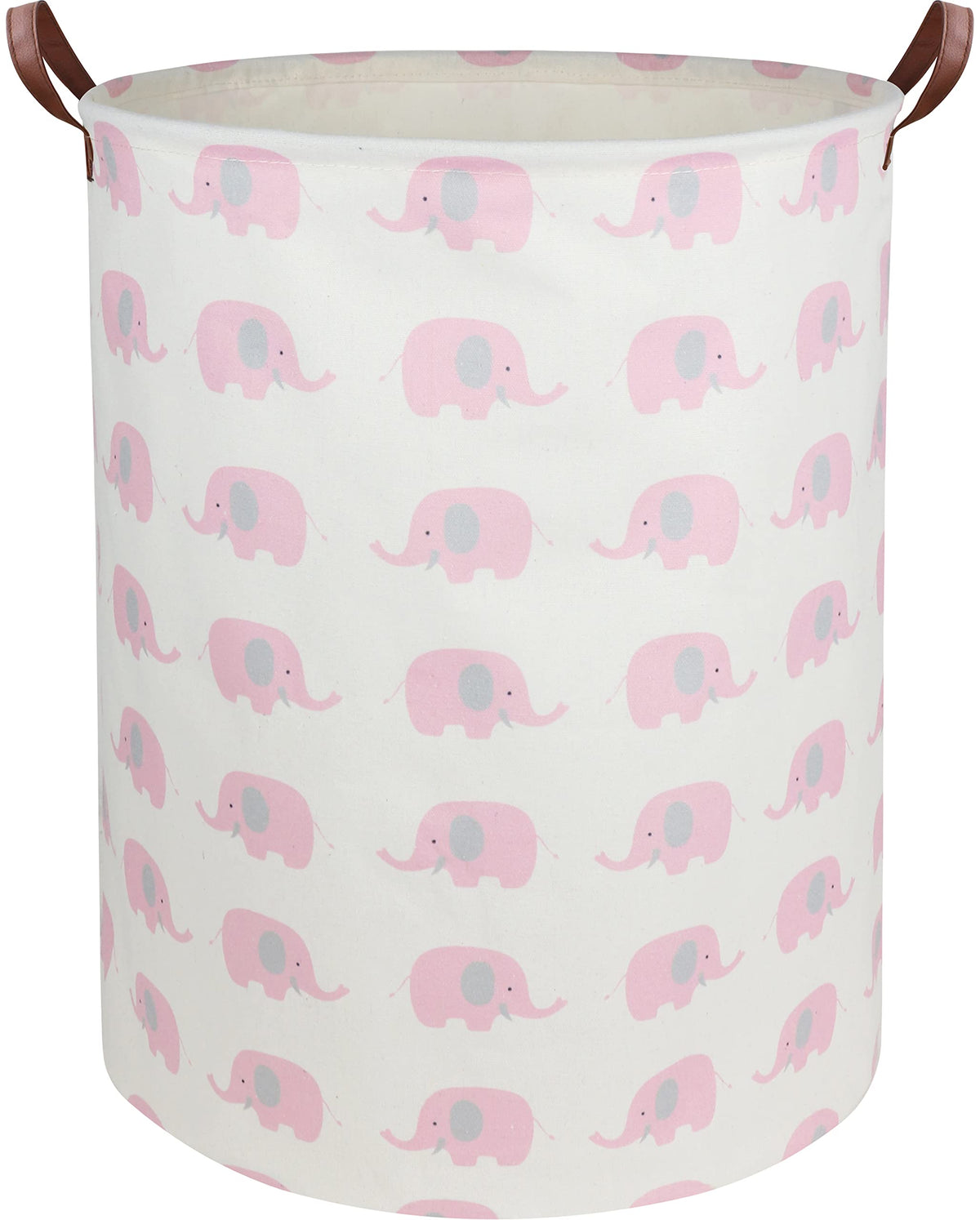 DDBASKET pink elephant baby laundry basket with handles for easy nursery laundry trips.