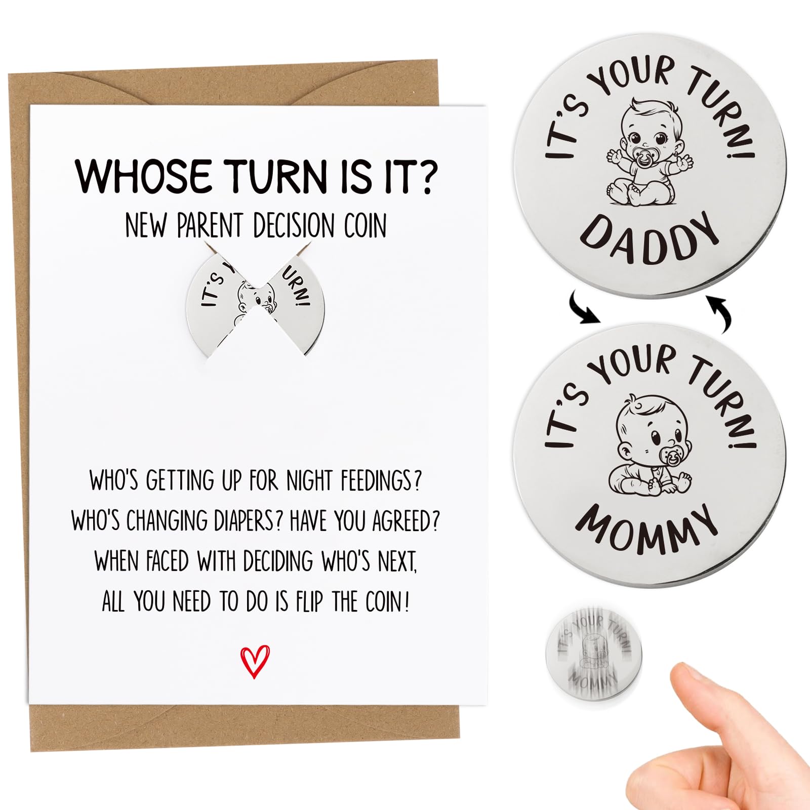 DDLP new-parents flip coin card—playful decision aid for late-night baby plans.