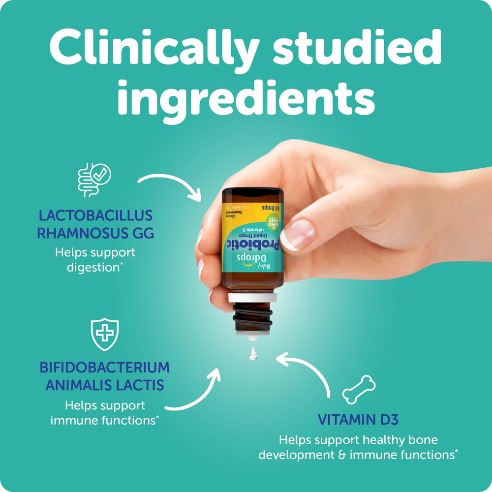 Ddrops Baby Probiotic allergy-friendly packaging communicates a safer option for sensitive babies.