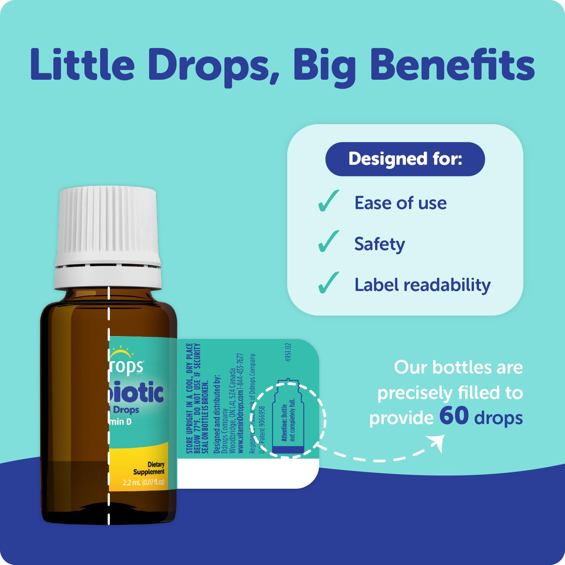 Ddrops Baby Probiotic dropper close-up shows precise administration for infants.