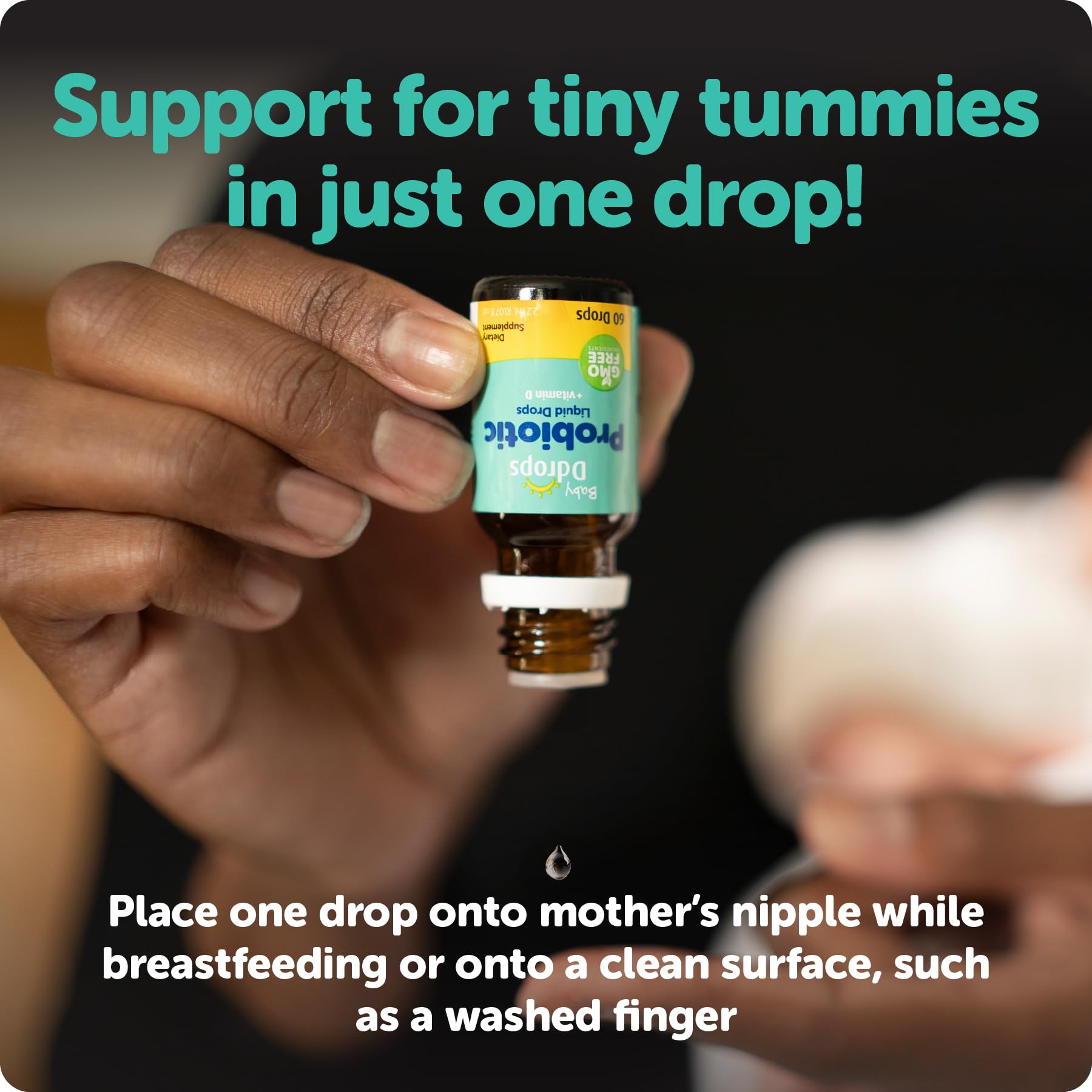 Ddrops Baby Probiotic no artificial preservatives badge signals clean, baby-friendly formula.