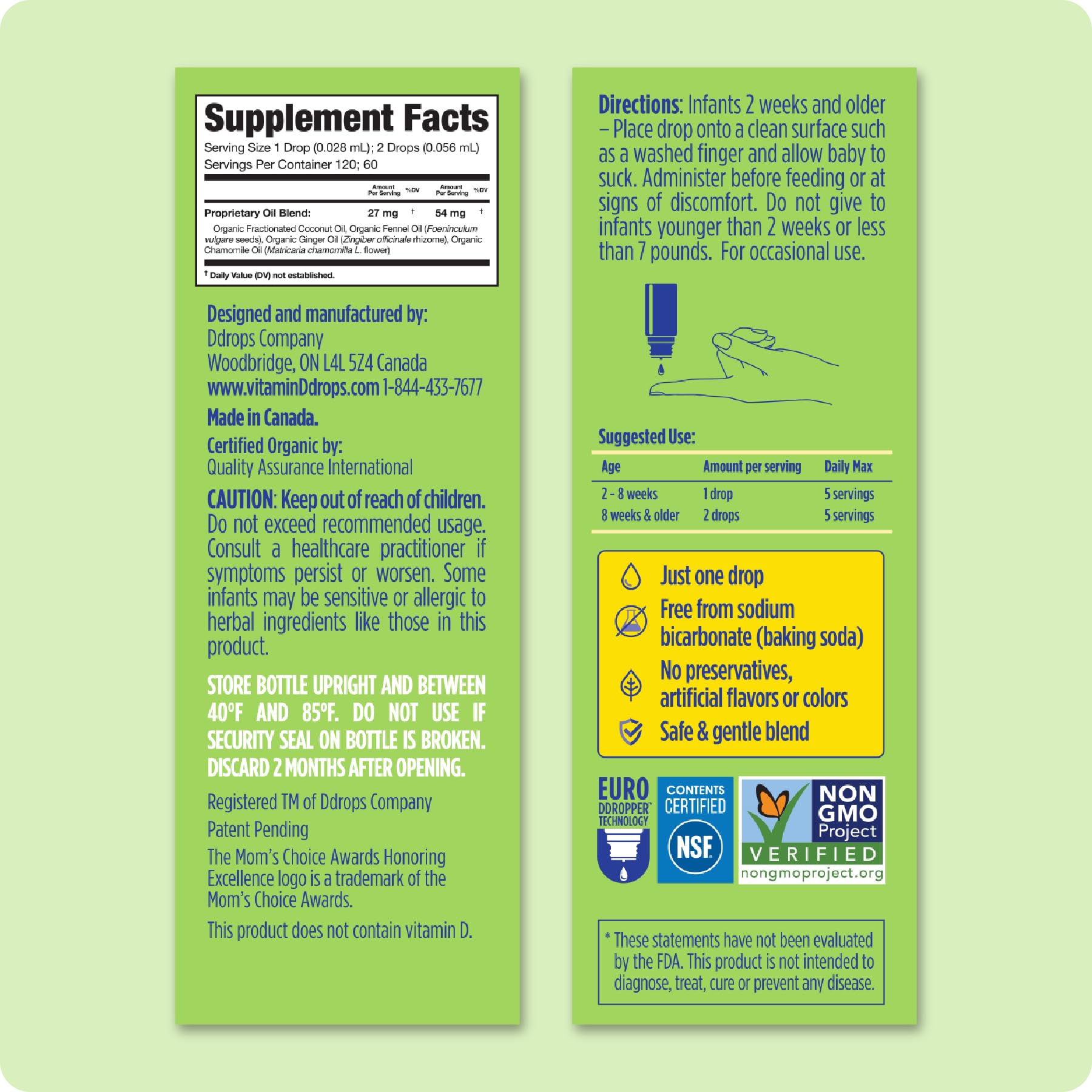 Ddrops Baby Tummy Relief label highlights organic, safe ingredients