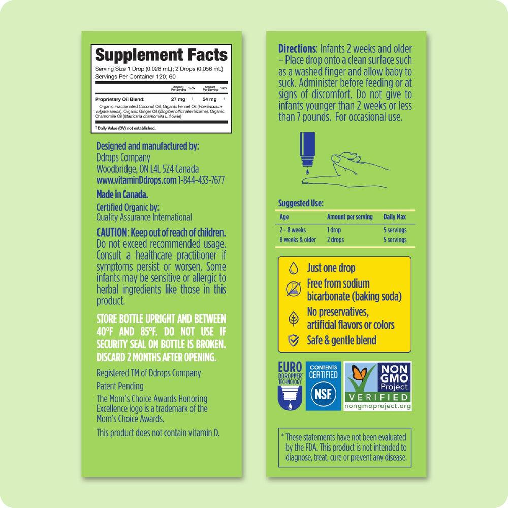 Ddrops Baby Tummy Relief label highlights organic, safe ingredients