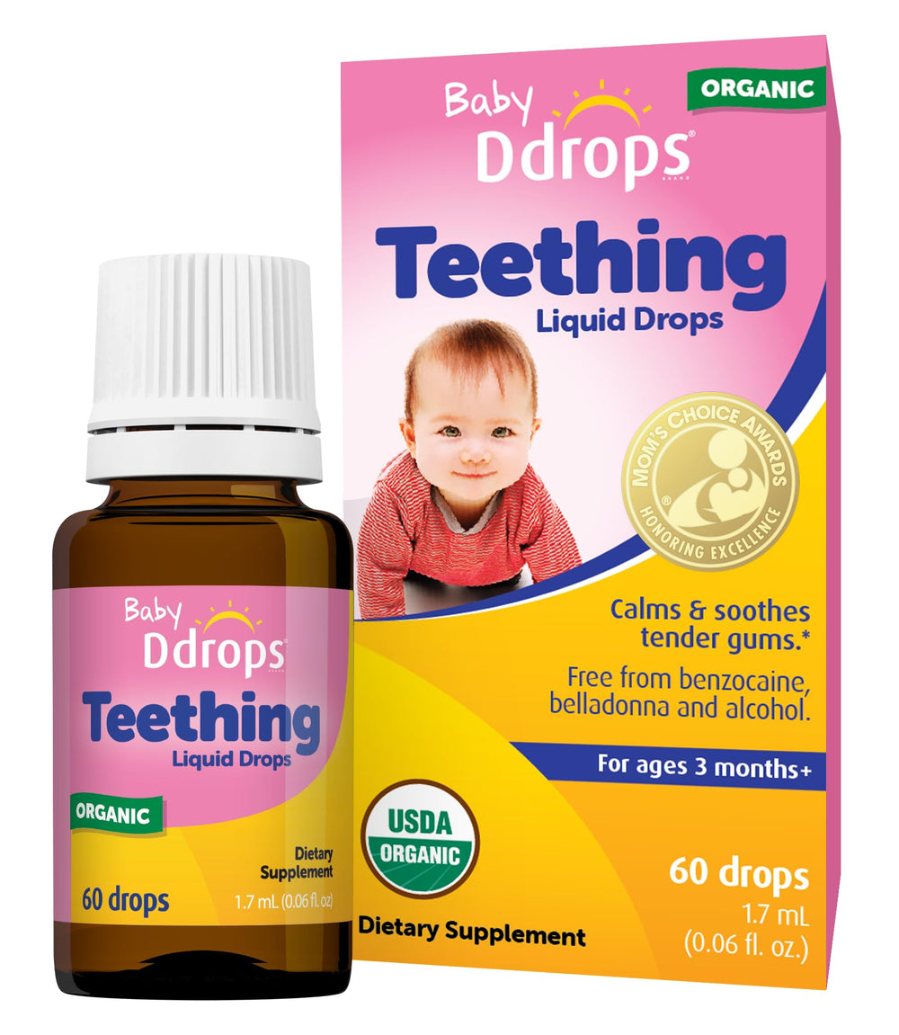 Ddrops teething drops bottle highlights organic formula for gentle use.