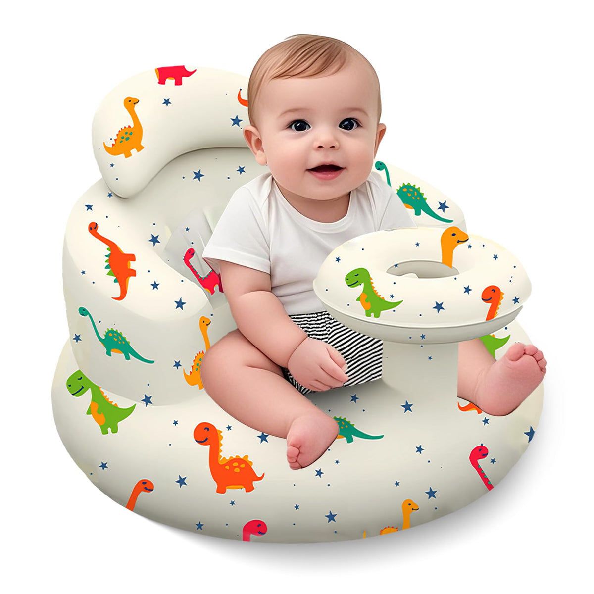 DDTPDE inflatable baby seat with tray keeps meals organized and within reach.