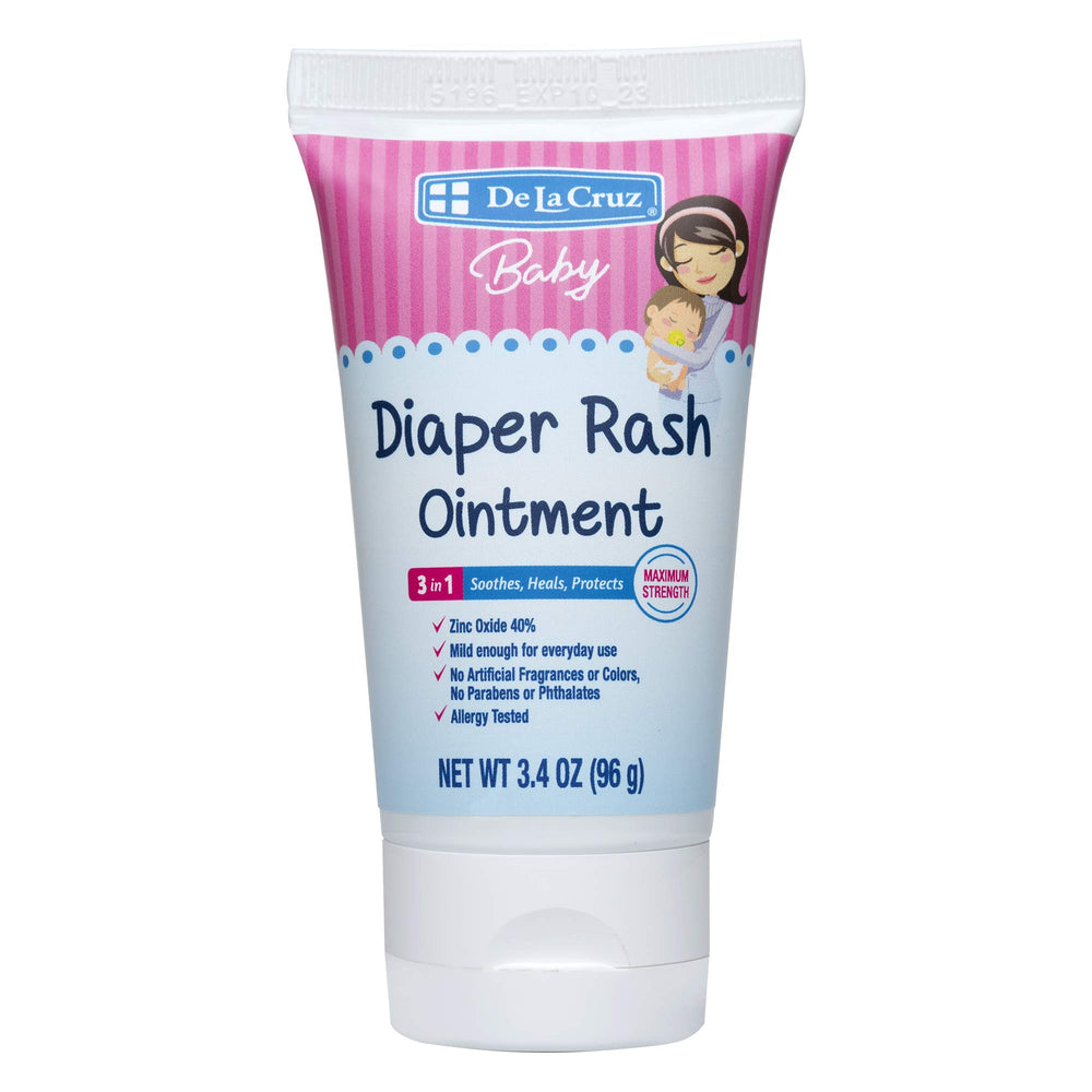 De La Cruz diaper rash ointment label highlights 40% zinc oxide for soothing protection.