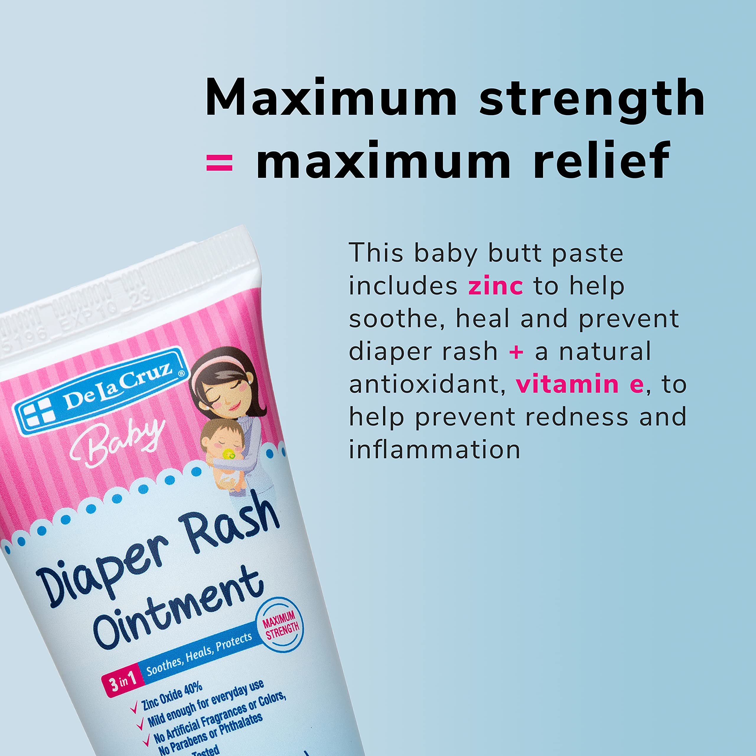 De La Cruz diaper rash ointment packaging box emphasizes safe, effective ingredients.