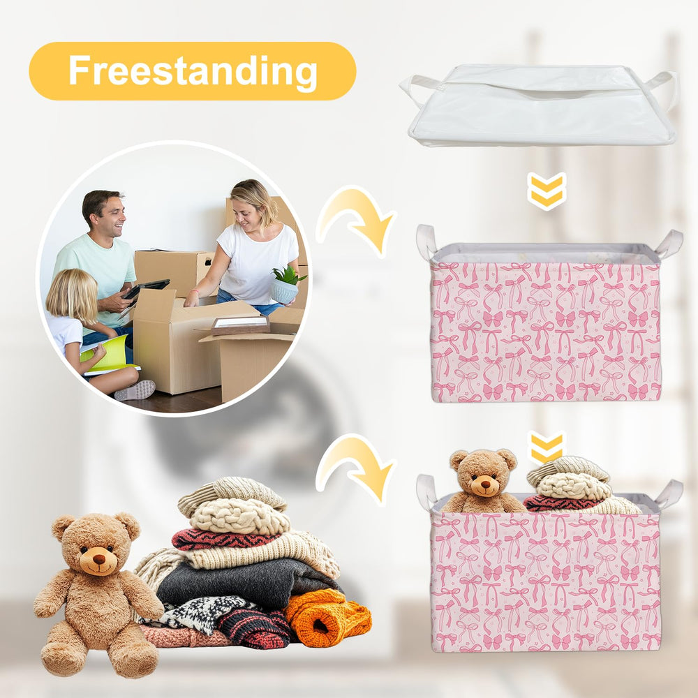 DEANHOT pink bow storage box with sturdy handles for easy carrying between rooms.