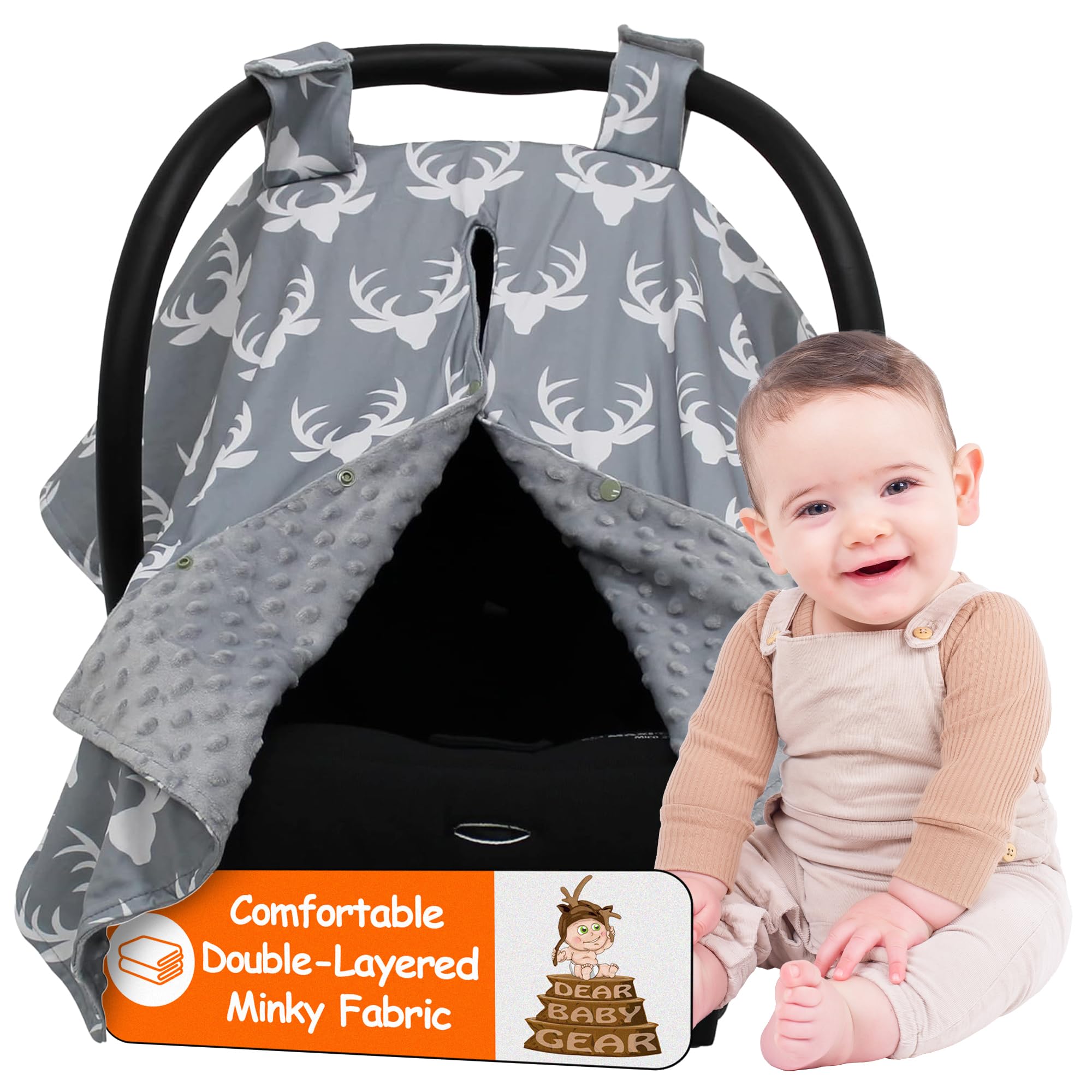 Dear Baby Gear 40x30 car seat canopy with antlers on gray sun protection on outings