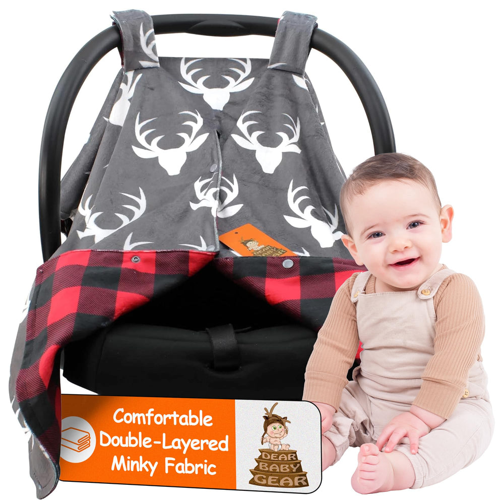 Dear Baby Gear car seat canopy protects baby from sun and wind during errands.