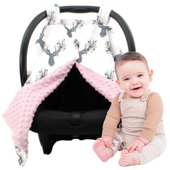 Dear Baby Gear car seat canopy with antler flower pink dot provides cozy sun protection for outings