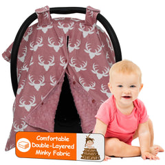 Dear Baby Gear car seat canopy with antlers dusty rose offers sun protection and cozy airflow.