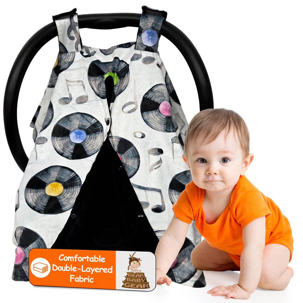 Dear Baby Gear car seat canopy with front-access snap design, protects from sun while enabling quick access.
