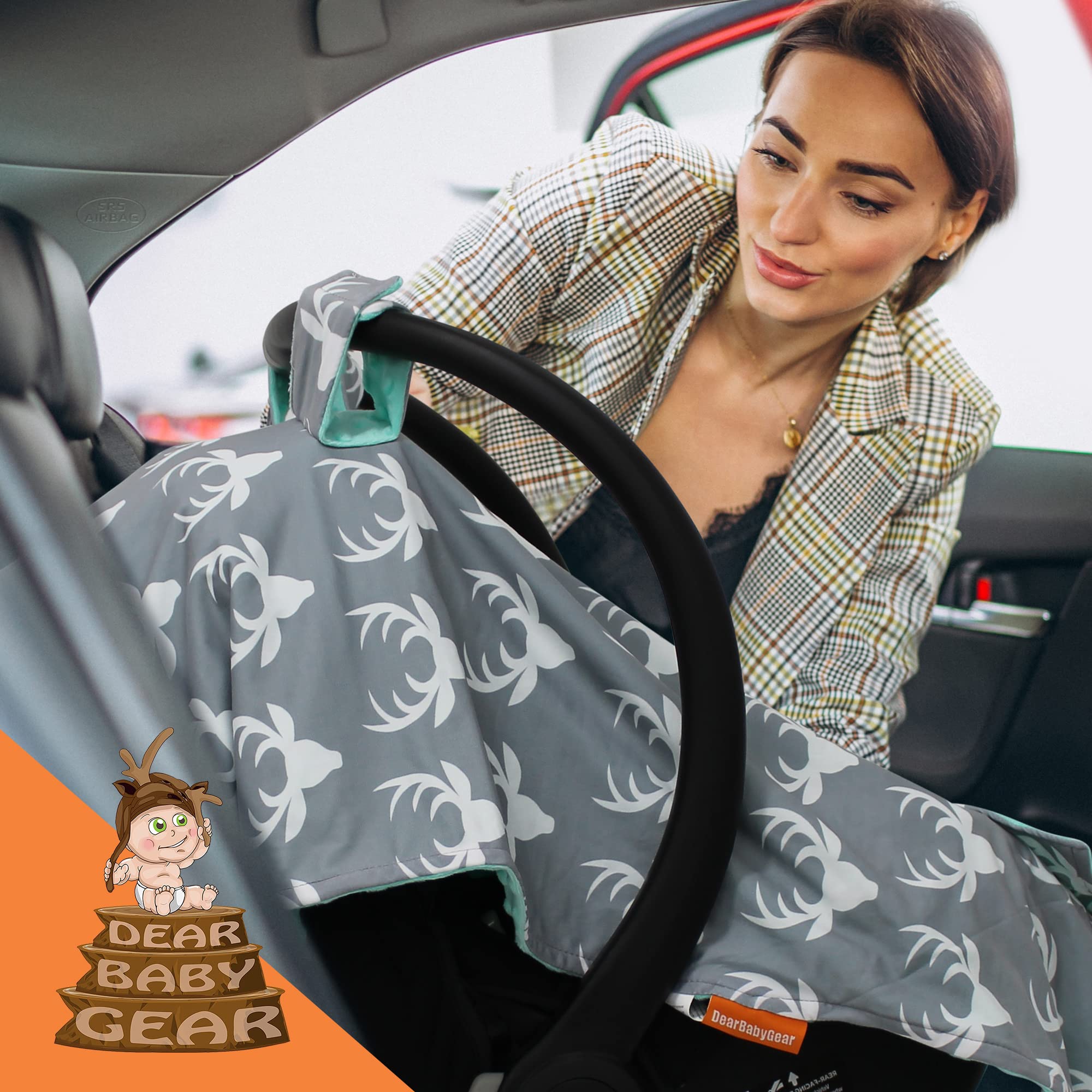 Dear Baby Gear mint dot car seat cover offers breathable shielding for busy errands.