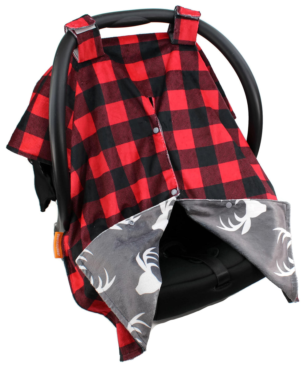 Dear Baby Gear white antlers plaid print provides a cute, cozy travel aesthetic.