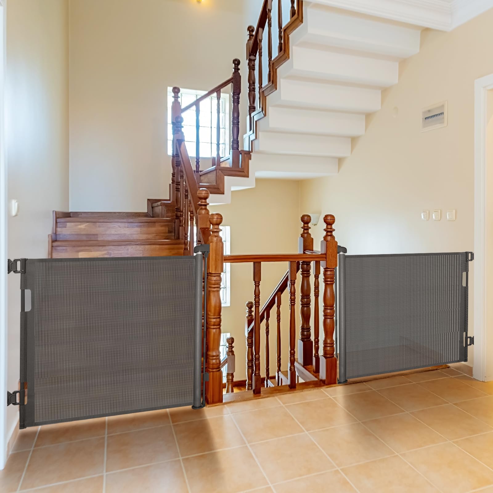 DEAR LOV gray mesh gate closed at doorway for toddlers and pets.