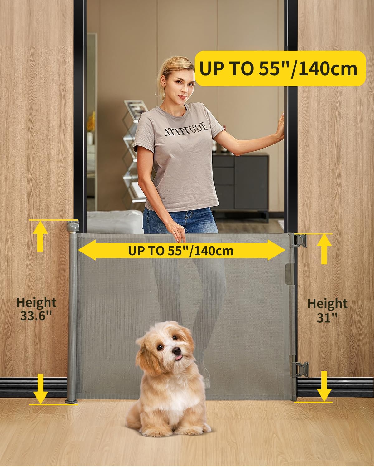 DEAR LOV retractable gate extended to 55 inches wide for openings.