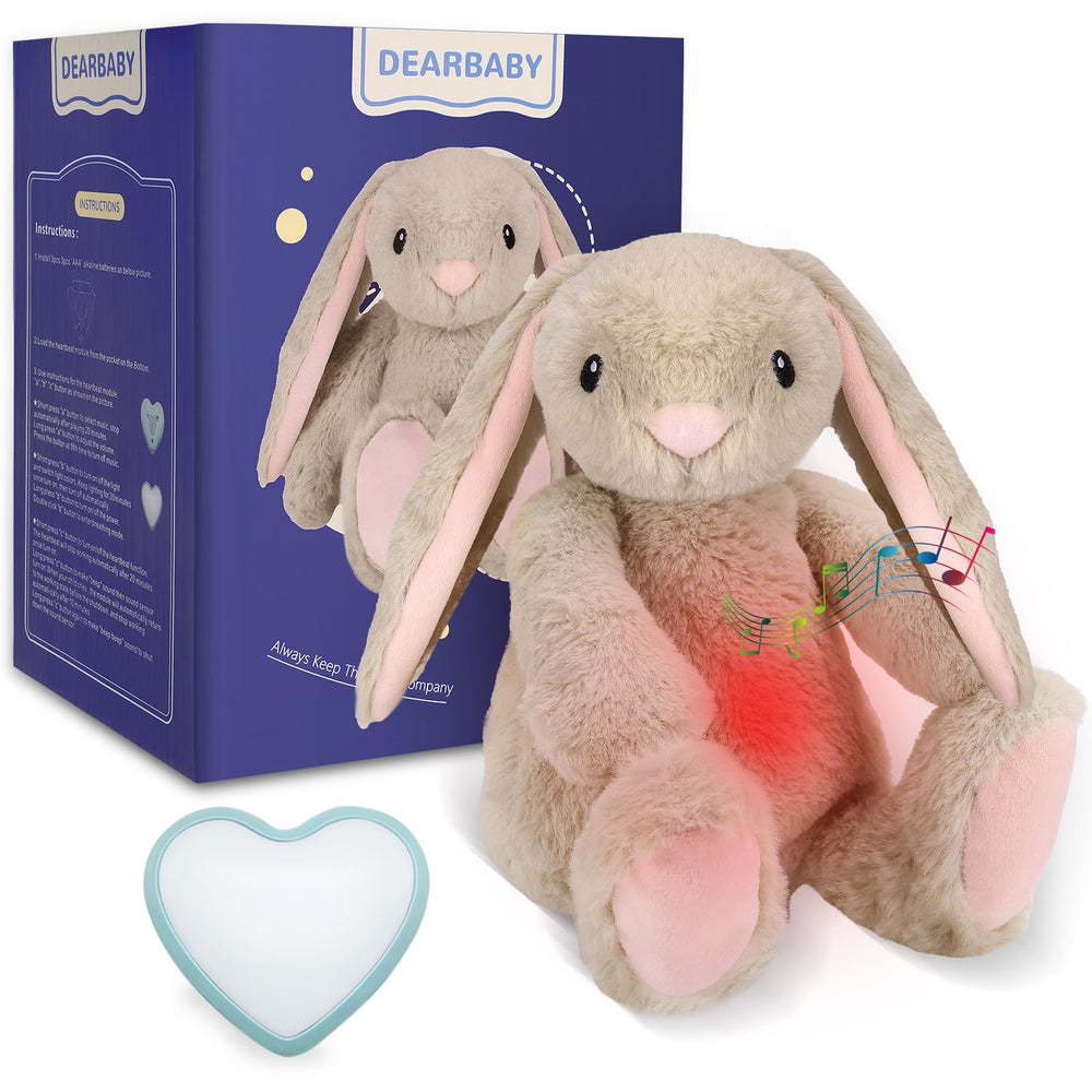 DEARBABY heartbeat bunny plush with cry-activated sensor soothing night sleep.