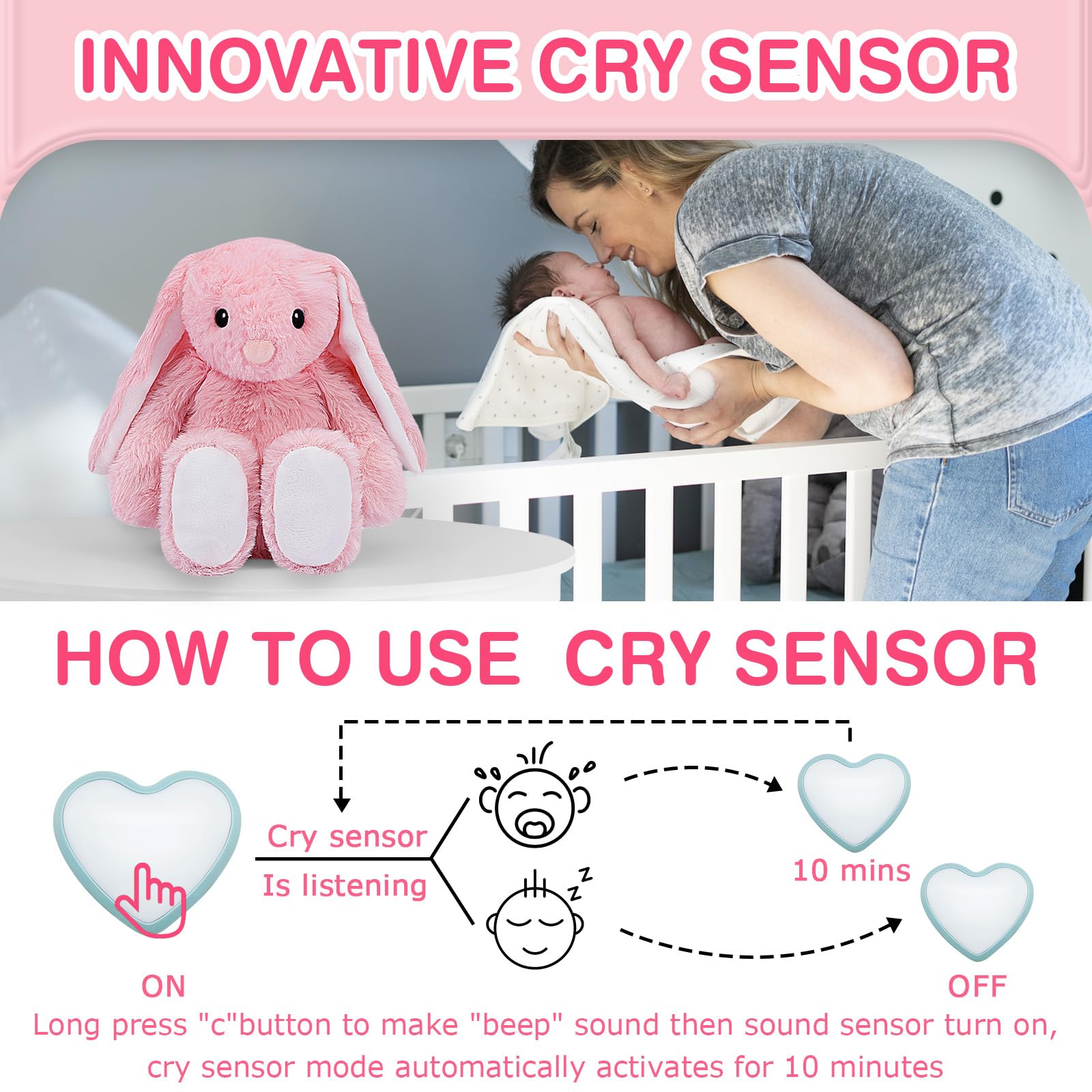 DEARBABY Velcro strap bunny keeps toy secure during stroller or car rides.