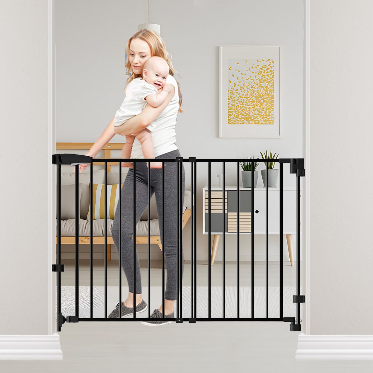 DEARBB no-bottom-bar gate with walk-through design reduces tripping and fits strollers.