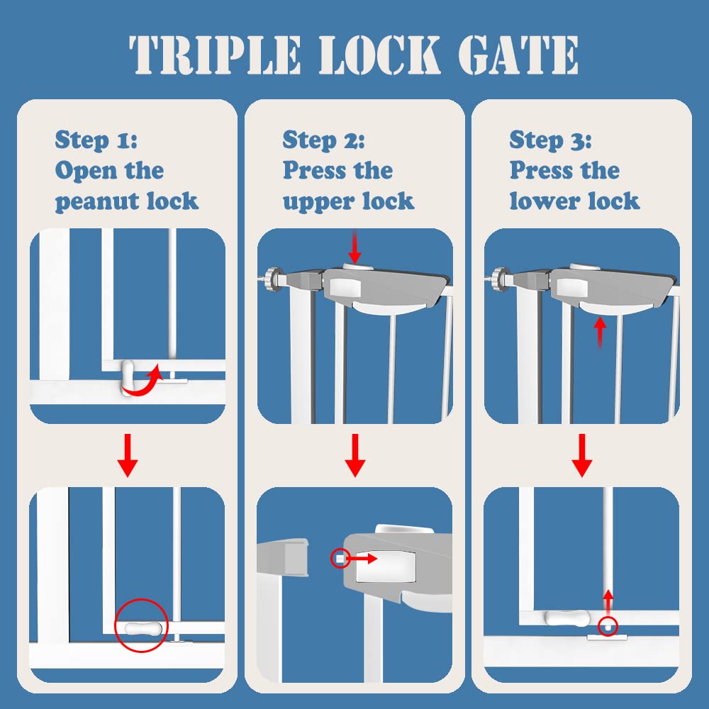 DEARBB Triple Lock Baby Gate extension kit options expand openings from 31 to 86 inches.