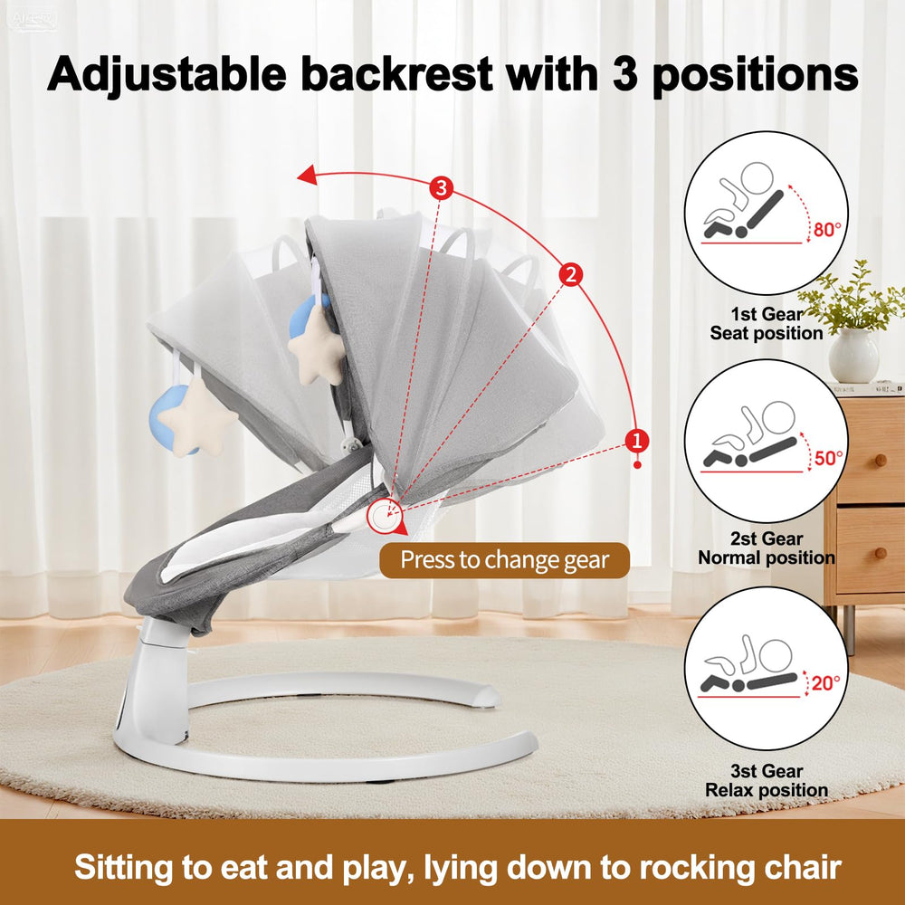 DEAREST BABY Baby Swing 3 speed timer allows safe, customizable rest or play sessions.
