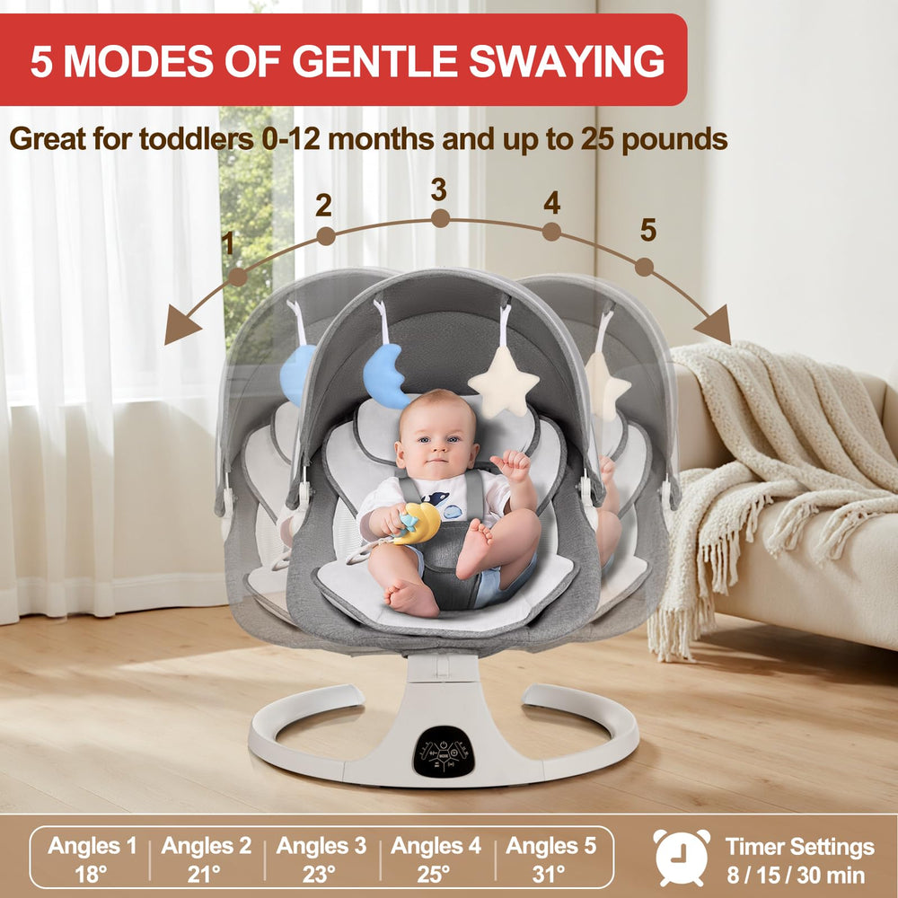 DEAREST BABY Baby Swing 5 auto-rocking adapts to baby's movement for gentle motion.