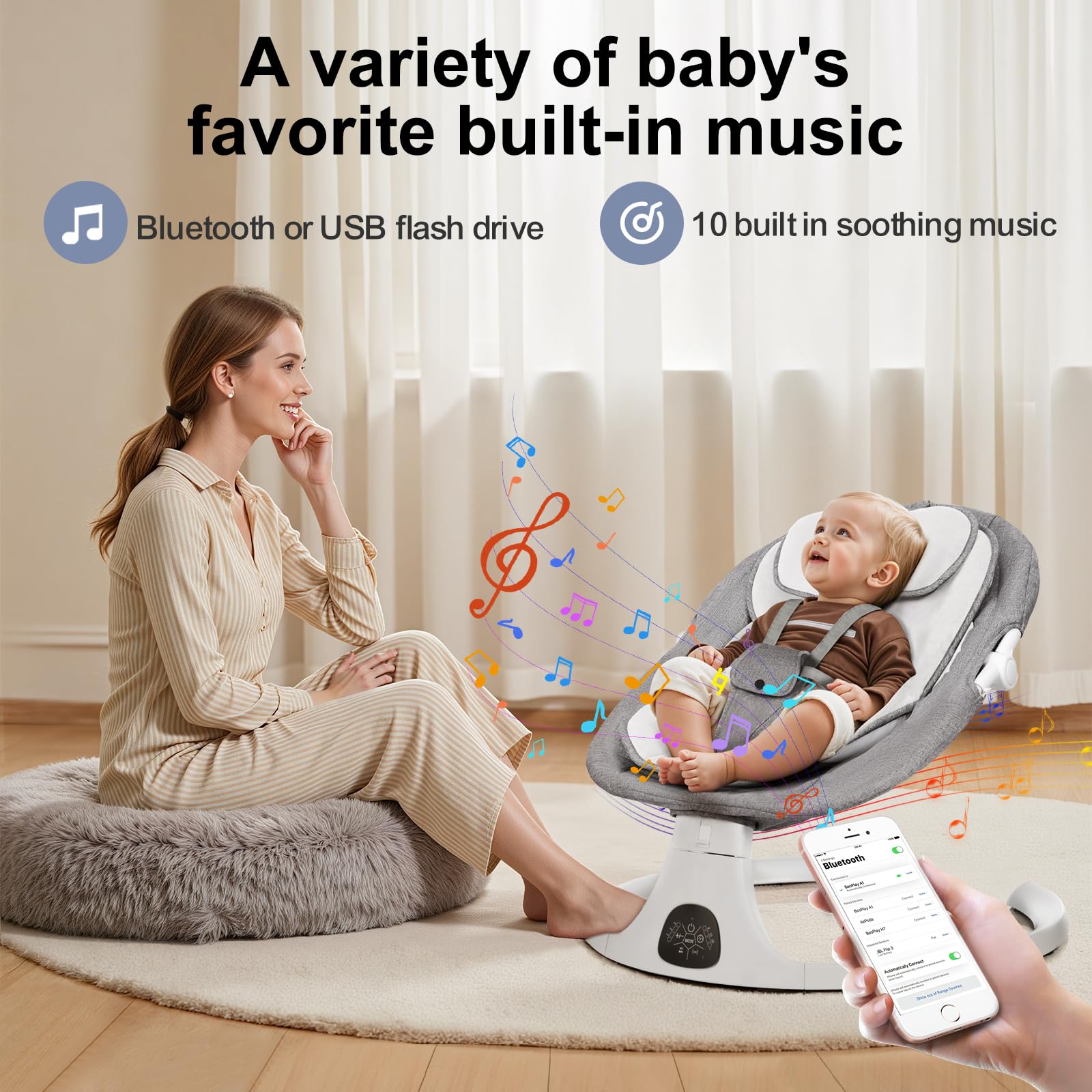 DEAREST BABY Baby Swing 5-point harness ensures secure snug fit during soothing sessions.
