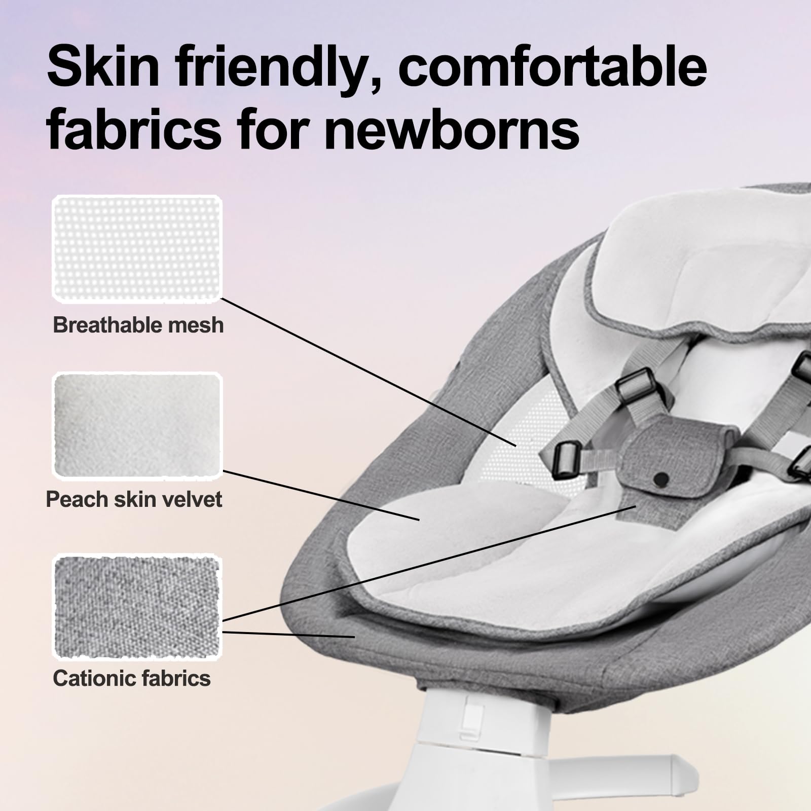 DEAREST BABY Baby Swing easy-clean fabric simplifies washing after messes.