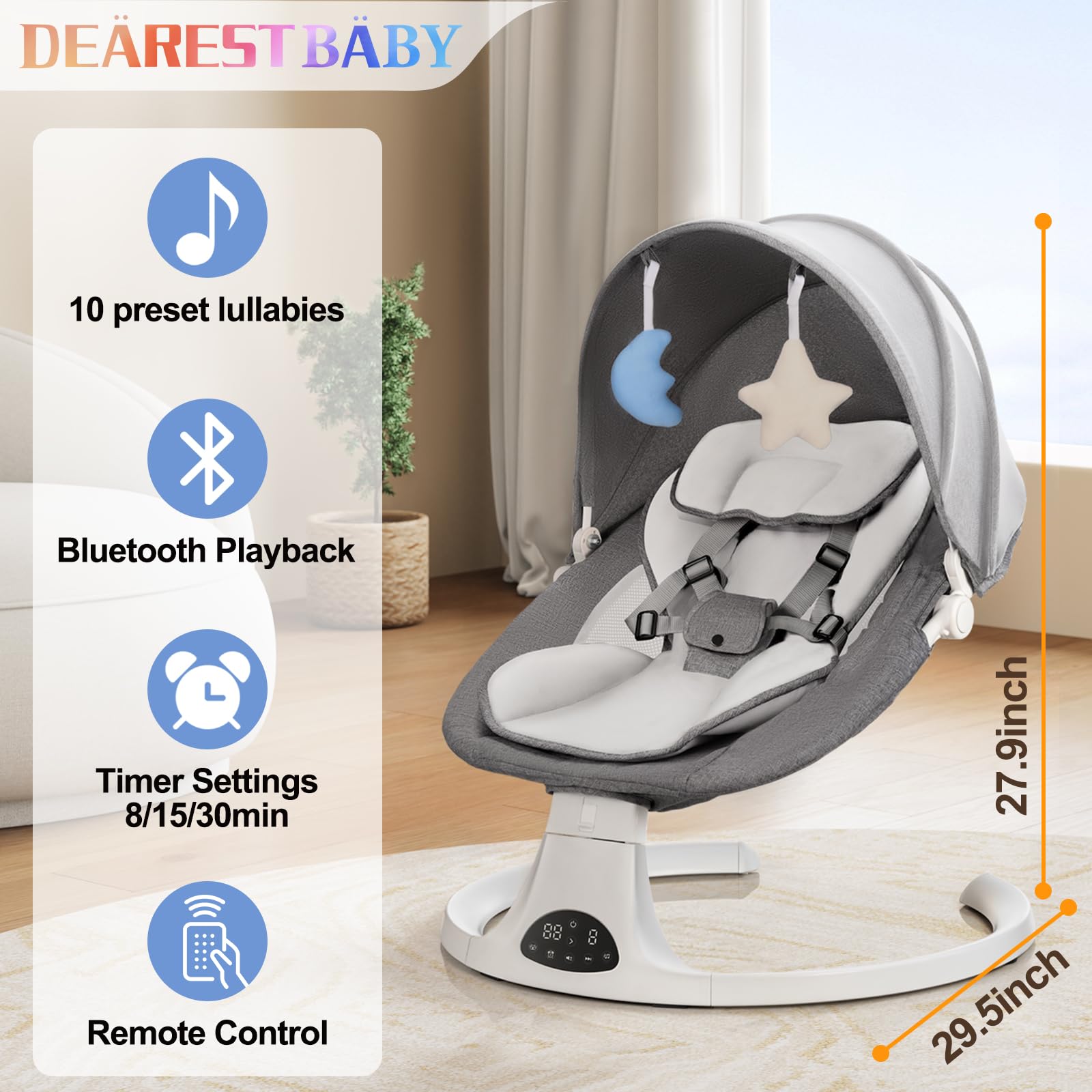 DEAREST BABY baby swing machine-washable fabric supports easy cleaning after messes.