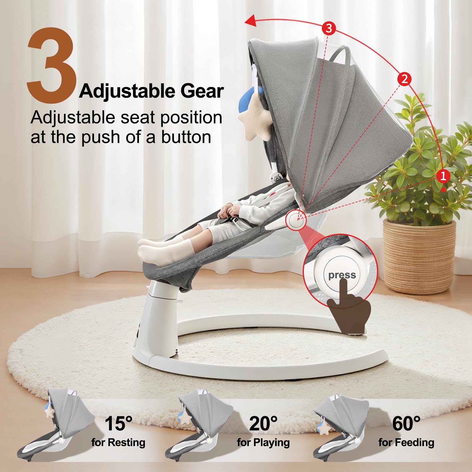 DEAREST BABY baby swing remote control focus emphasizes hands-free soothing and quick adjustments.