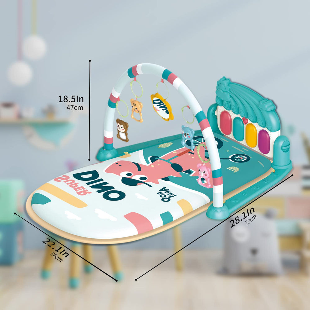 Dearlomum Baby Gym in blue is battery-powered with lights and sounds for engagement.