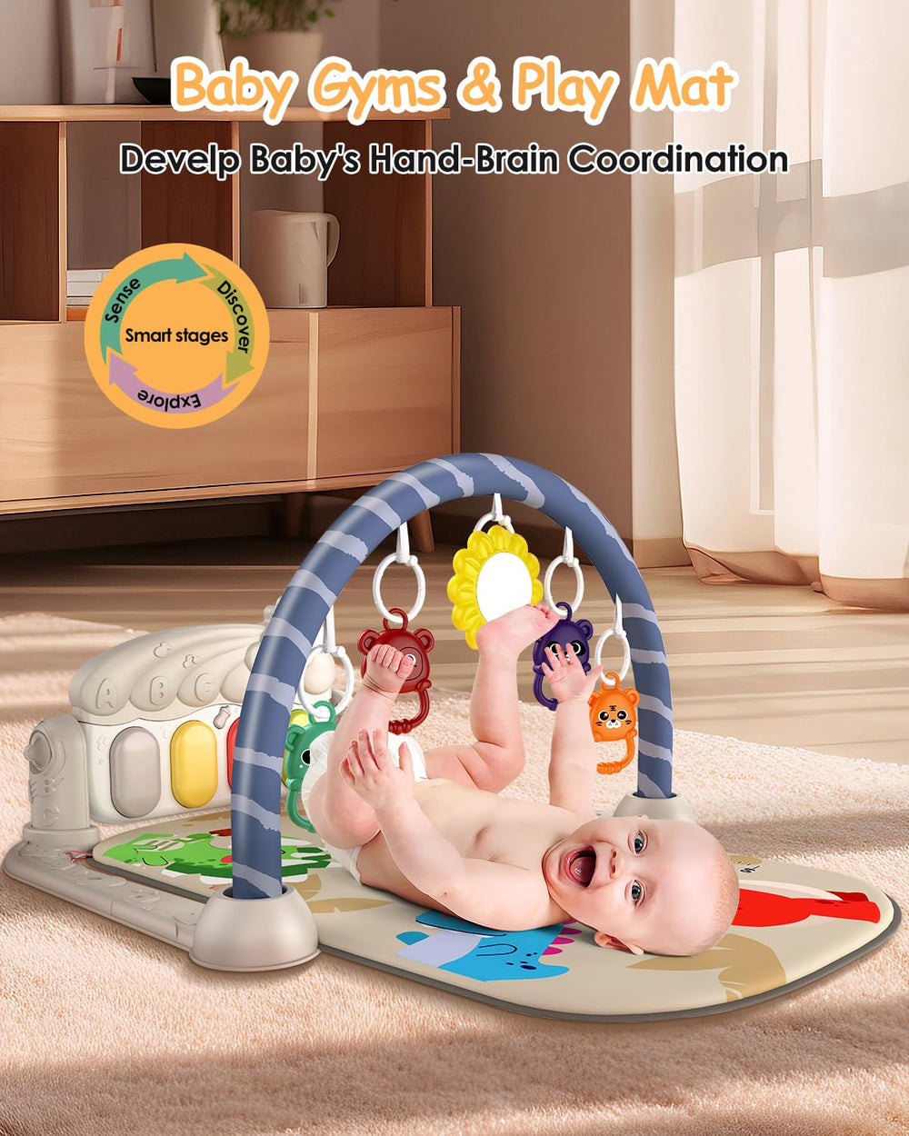 Dearlomum baby gym includes a safe mirror to encourage sensory curiosity