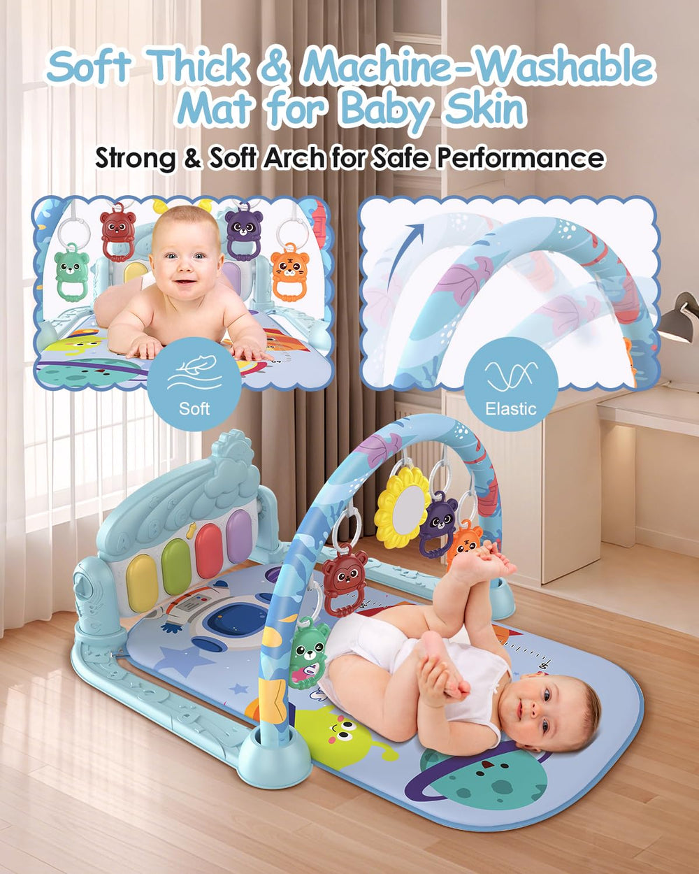 Dearlomum Baby Play Gym detachable toys and mirror promote reaching and tracking