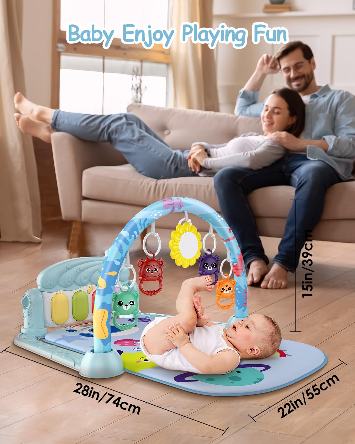 Dearlomum Baby Play Gym rattles and mirror support auditory engagement and motor practice