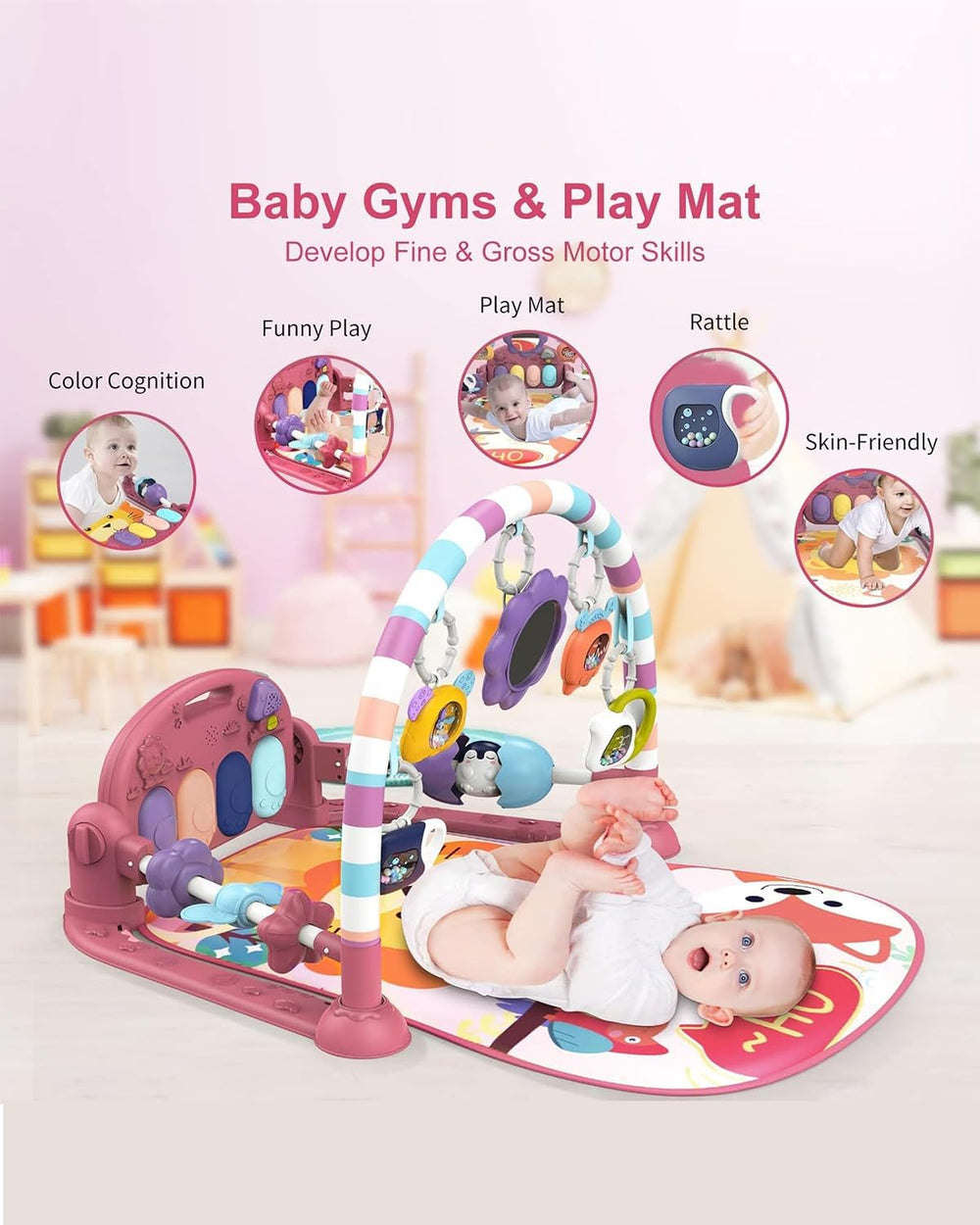 Dearlomum baby play mat gym piano mode adjustable demonstrates engaging tactile play and musical interaction.
